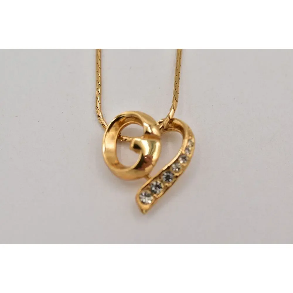 Givenchy Vintage Logo Heart Necklace Gold Crystal G Pendant Signed NOS 80s BinBD